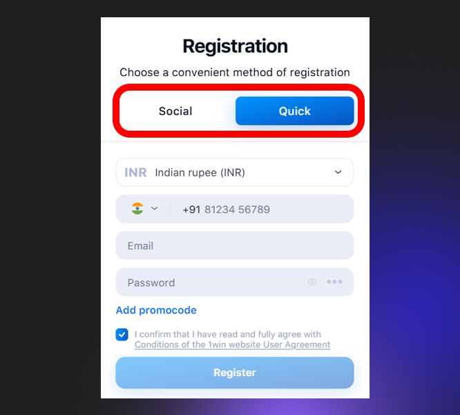 Methods available on1Win to register